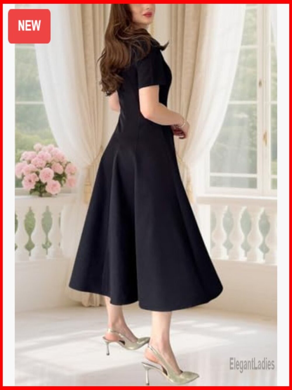Women's Midi Dress Short Sleeve Fit & Flare A-Line Swing Dress - Picture 4 of 7